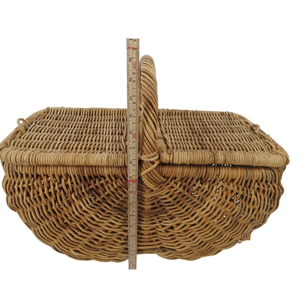 Vintage French Country Wicker Picnic Basket Double Bottom Rattan Hinged Lid